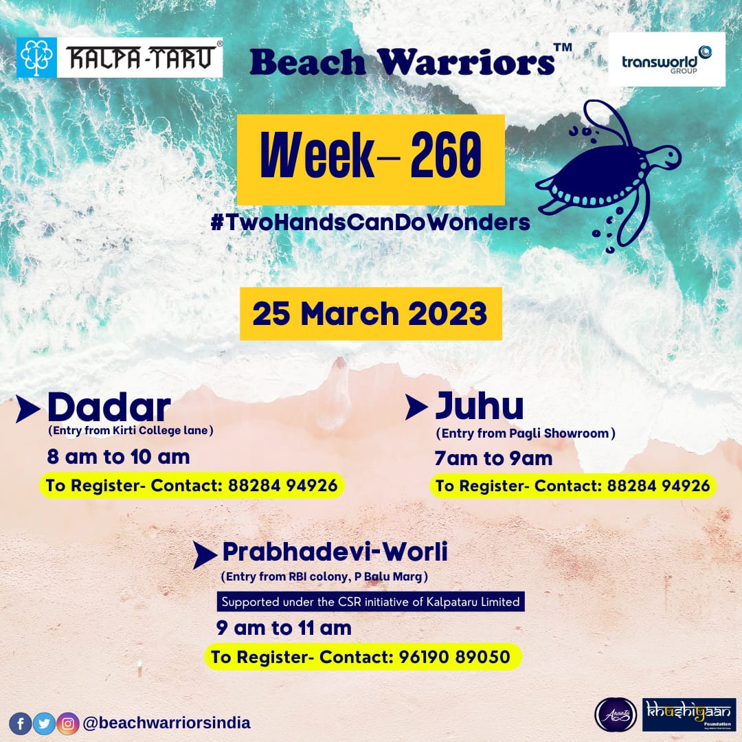 beachwarriors's tweet photo. Hello Mumbaikars schedule of Beach Cleanup for the #week260 is out!

Do choose your nearby locations and be a part of this great initiative 🌊

Kindly contact the respective POC to register💚

#TwoHandsCanDoWonders 🙌

#CleanUp #plasticfree #plogging  #climatechange #noplanetb https://t.co/hZdTWyvuqP