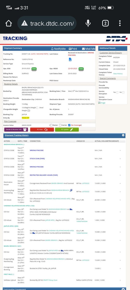 ChoudharyRc2's tweet image. Dear all DTDC team please urgently delivery arrengement ,The parcel is on hold at the branch since 20th March, the branch is not responding. 
@DTDCIndia #needupdate
