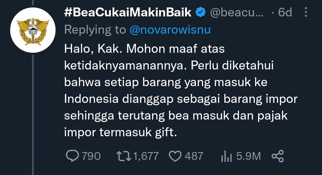 Halo, <a href="/beacukaiRI/">#BeaCukaiMakinBaik</a>, apakah "setiap barang yang masuk ke Indonesia dianggap barang impor" ini termasuk:
 -10 Thomas Cup &amp; 1 Uber Cup yg dimenangkan di luar negeri
-8 medali emas badminton Olimpiade -aneka medali emas-perak-perunggu SEA Games &amp; Asian Games pas event di luar negeri
?