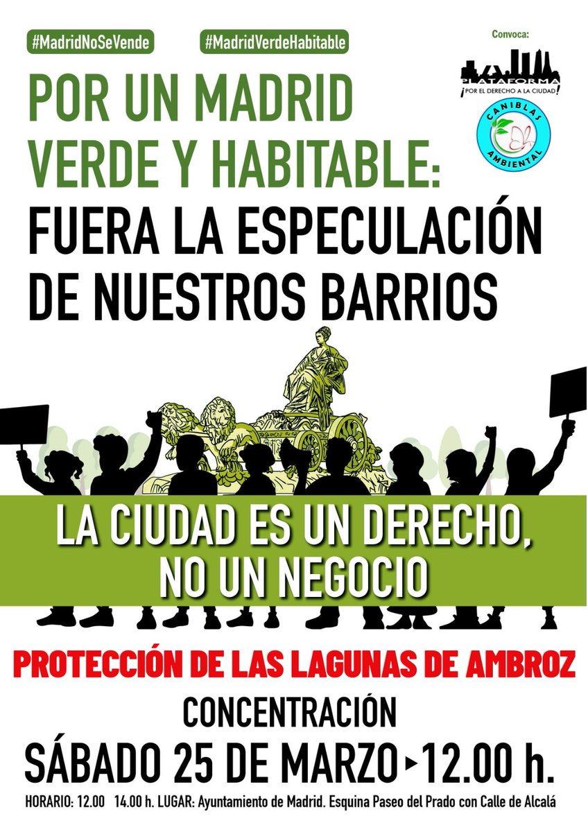 Algunos de los últimos espacios naturales periurbanos de Madrid como el Corredor Ecológico del Suroeste o las Lagunas de Ambroz están amenazados por nuevos desarrollos urbanísticos.

 El 25M salimos a la calle porque queremos un #MadridVerdeHabitable en el que quepamos todas.