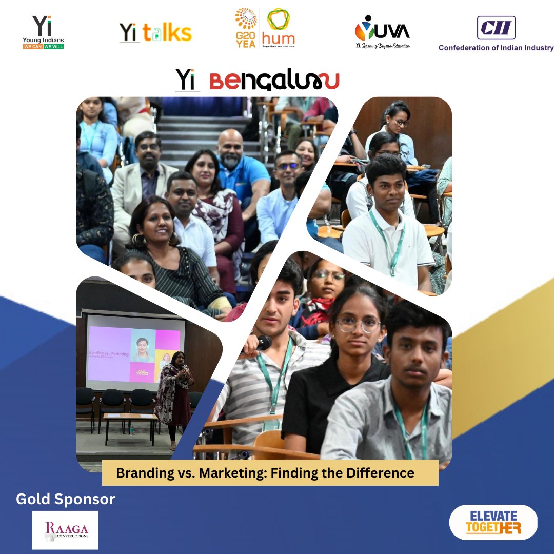 'Exciting news! Our Yi Bengaluru Learning and Yuva teams hosted a valuable session on 'Branding vs. Marketing' for CMR University students. Over 100 students gained practical knowledge & skills. #YoungIndians #YiNational #NationBuilding #ThoughtLeadership #YouthLeadership #HUM