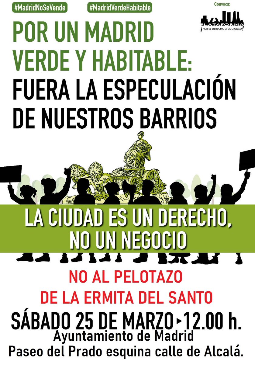 El 25M tenemos la oportunidad de unir luchas de los barrios frente al Ayto <a href="/MADRID/">Ayuntamiento Madrid</a> : tala de árboles, pelotazos urbanísticos, terrazas, cocinas fantasma, turistificación, privatizaciones, etc y dejar claro que #MadridNoSeVende y que queremos un #MadridVerdeHabitable para todas.