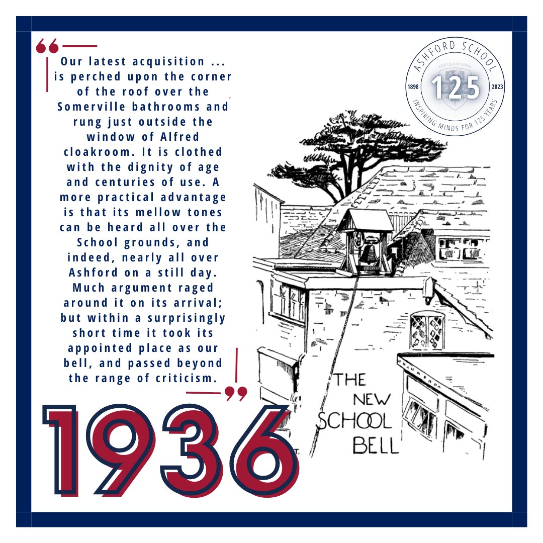AshfordAlumni's tweet photo. Looking through the 1936 School Ties, we were drawn to the intro of the School Bell - found on the roof over Somerville &amp; rung outside the window of Alfred cloakroom.

Who was in charge of ringing the bell? Did it signify the end of lessons? What are your stories? https://t.co/wW9sBDpp6H