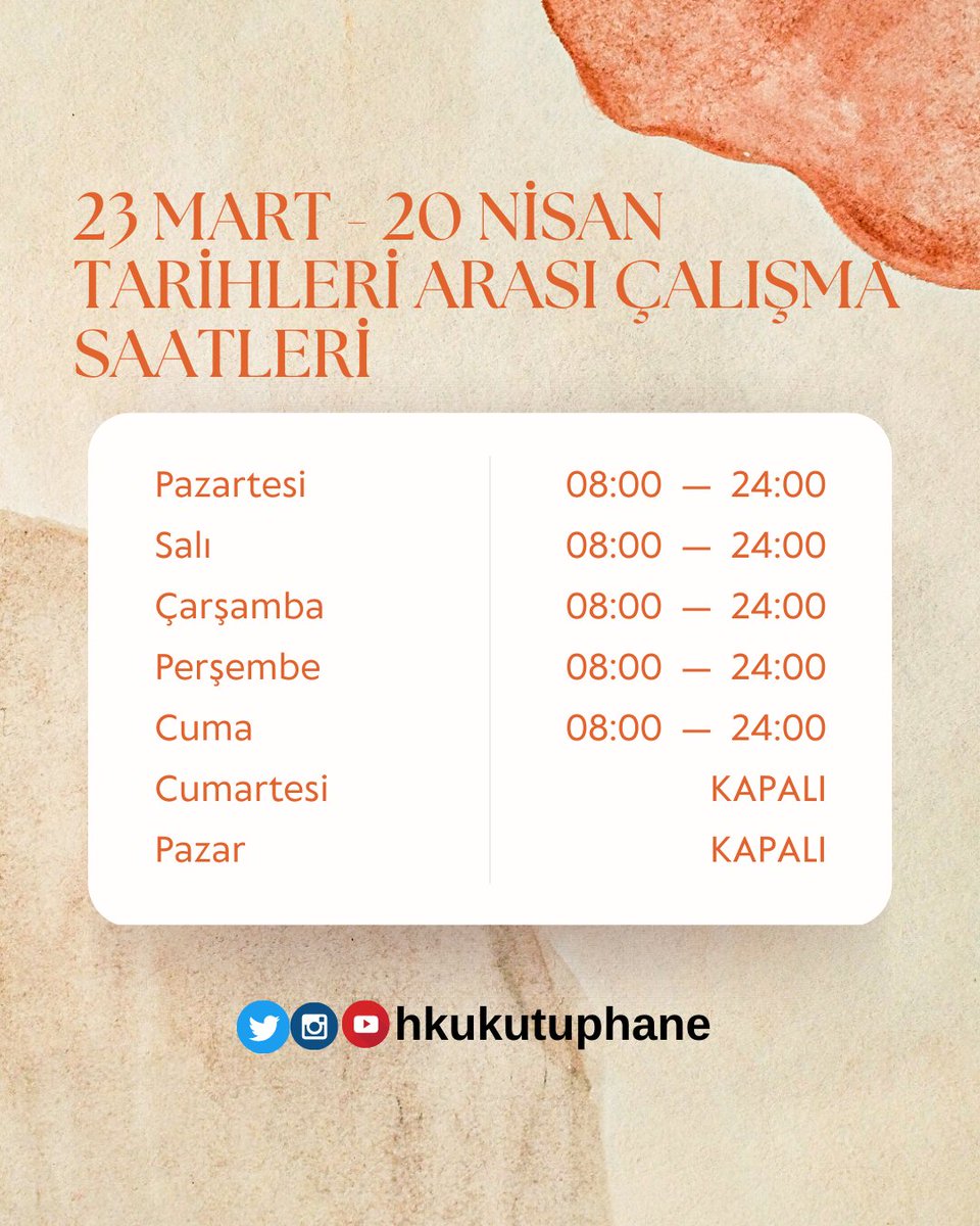 Mütercim Asım Kütüphanesi (@hkukutuphane) on Twitter photo 🔊 Değerli Kullanıcılarımız
Kütüphanemiz 23 Mart - 20 Nisan tarihleri arasında görselde belirtildiği gibi açık olacaktır. 20 Nisan itibari ile normal çalışma düzenine geçilecektir.
İyi Çalışmalar Dileriz.
<a href="/hkunv/">Hasan Kalyoncu Üniv</a>
<a href="/hkukutuphane/">Mütercim Asım Kütüphanesi</a> 🔊 Değerli Kullanıcılarımız
Kütüphanemiz 23 Mart - 20 Nisan tarihleri arasında görselde belirtildiği gibi açık olacaktır. 20 Nisan itibari ile normal çalışma düzenine geçilecektir.
İyi Çalışmalar Dileriz.
<a href="/hkunv/">Hasan Kalyoncu Üniv</a>
<a href="/hkukutuphane/">Mütercim Asım Kütüphanesi</a>