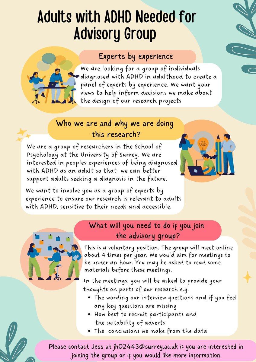 Do you have #ADHD and are interested in helping develop new research? Or do you know someone who might be?
If you are interested, please get in touch with me at jh02443@surrey.ac.uk 

#Psychology #MentalHealthResearch <a href="/UoSPsychD/">Clinical Psychology at Surrey</a>