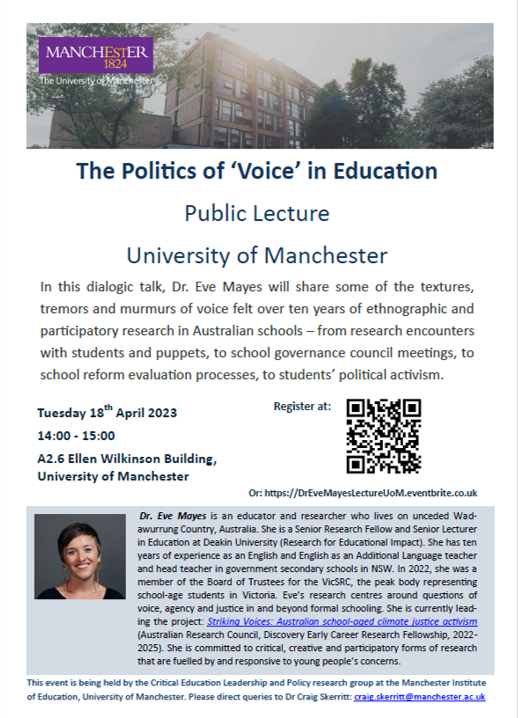 Craig Skerritt (@craigskerritt) on Twitter photo We are delighted to have Dr Eve Mayes, Deakin University, visiting the University of Manchester on April 18th to lead a guest public talk on the politics of 'voice' in education.
All welcome. Register here: eventbrite.co.uk/e/public-lectu…
<a href="/EveMayes/">Eve Mayes (she/her)</a> <a href="/EducationUoM/">Manchester Institute of Education (MIE)</a> <a href="/celp_uom/">CELP Research Group</a> <a href="/OfficialUoM/">The University of Manchester</a> We are delighted to have Dr Eve Mayes, Deakin University, visiting the University of Manchester on April 18th to lead a guest public talk on the politics of 'voice' in education.
All welcome. Register here: eventbrite.co.uk/e/public-lectu…
<a href="/EveMayes/">Eve Mayes (she/her)</a> <a href="/EducationUoM/">Manchester Institute of Education (MIE)</a> <a href="/celp_uom/">CELP Research Group</a> <a href="/OfficialUoM/">The University of Manchester</a>