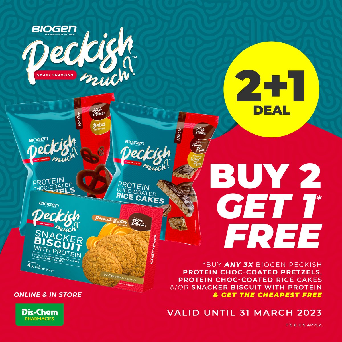 BiogenSA's tweet photo. Feeling peckish?🤤 We've got your cravings covered with 2+1 FREE* deals on our Peckish Much range 🥳

BUY 2, GET 1 FREE! Valid until 31 March. 
In-store and online
🛒 @Dischem

#fitdeals #treatyourself #snackoclock https://t.co/axi9xpE6zo