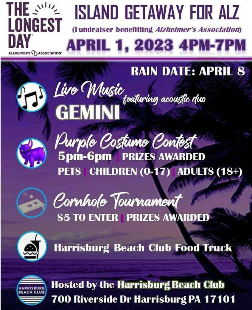 💜 Get your purple on at an 'Island Getaway for ALZ'  April 1 at @HbgBeachClub_ on #CityIsland in #Harrisburg from 4-7 pm.

Invite an #Alzheimers or other dementia caregiver in your life.
@alzassociation @AlzGPA @ArdenCourts @_CountryMeadows

linkedin.com/posts/mindy-au…