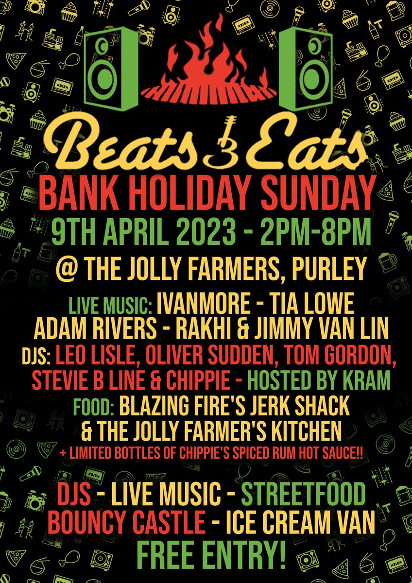 beats_eats's tweet photo. We're back!! Bank Holiday Sunday 9th April 2-8pm at the @JollyFarmersPub #Purley 💖 #Croydon #Beatsneats ##FreeEntry #community #Music #Djs #JerkChicken https://t.co/vNM9dzIFF3