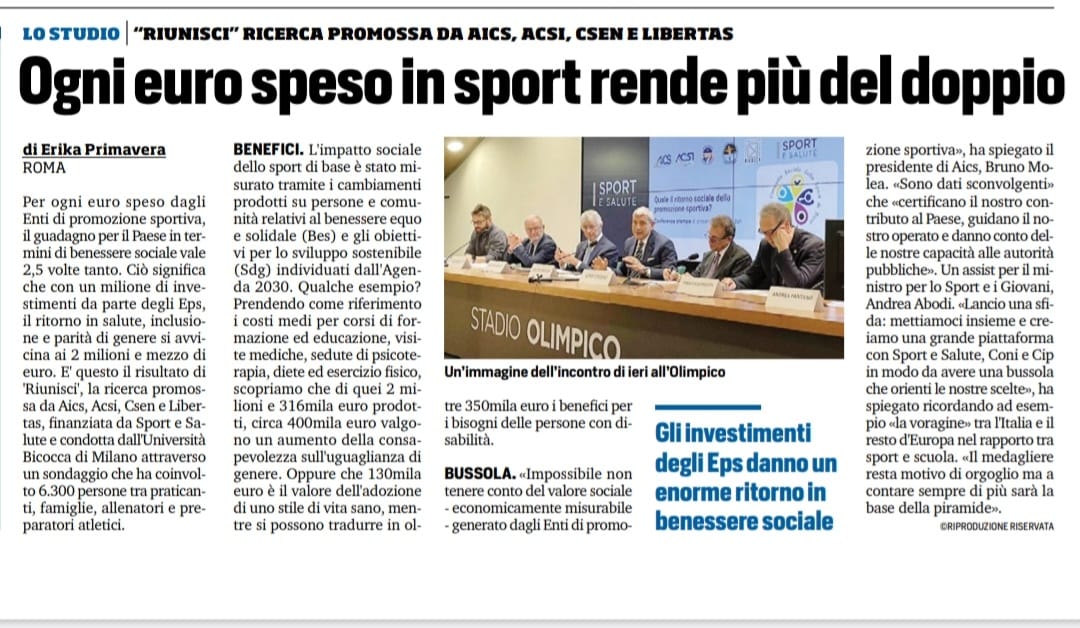Bruno Molea (@moleabruno) on Twitter photo Ogni euro investito nella promozione sportiva di base vale 2 volte e mezzo. Non solo: chi fa sport sociale, guadagna in sé salute e competenze gratis come soft skill e altri benefici. Grazie a <a href="/CorSport/">Corriere dello Sport</a> per spazio a ricerca <a href="/AiCSdn/">AiCS</a> <a href="/SporteSaluteSpA/">Sport e Salute</a> <a href="/SportGoverno/">SportGoverno</a> Ogni euro investito nella promozione sportiva di base vale 2 volte e mezzo. Non solo: chi fa sport sociale, guadagna in sé salute e competenze gratis come soft skill e altri benefici. Grazie a <a href="/CorSport/">Corriere dello Sport</a> per spazio a ricerca <a href="/AiCSdn/">AiCS</a> <a href="/SporteSaluteSpA/">Sport e Salute</a> <a href="/SportGoverno/">SportGoverno</a>