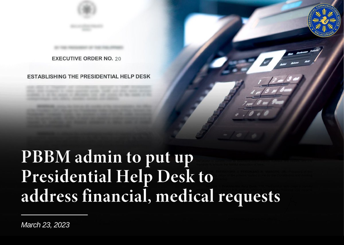 pcogovph's tweet photo. The administration of President Ferdinand R. Marcos Jr. will establish a Presidential Help Desk to address the financial and medical requests for assistance being submitted by the public to the Office of the President (OP).

Read: https://t.co/54ccI30eVS https://t.co/6XFsHwqT4x