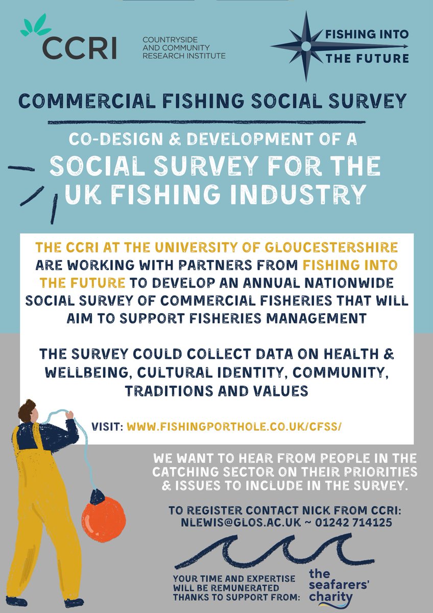 Calling Fishermen around Newlyn 📣 we will be with <a href="/CCRI_UK/">CCRI</a> at the Harbour Office at 3:30PM on Wednesday 29th March to hear YOUR ideas for a Commercial Fisheries Social Survey. More info: buff.ly/3lBWDDk. Remuneration for your time kindly supported by <a href="/Seafarers_KGFS/">The Seafarers' Charity</a>.