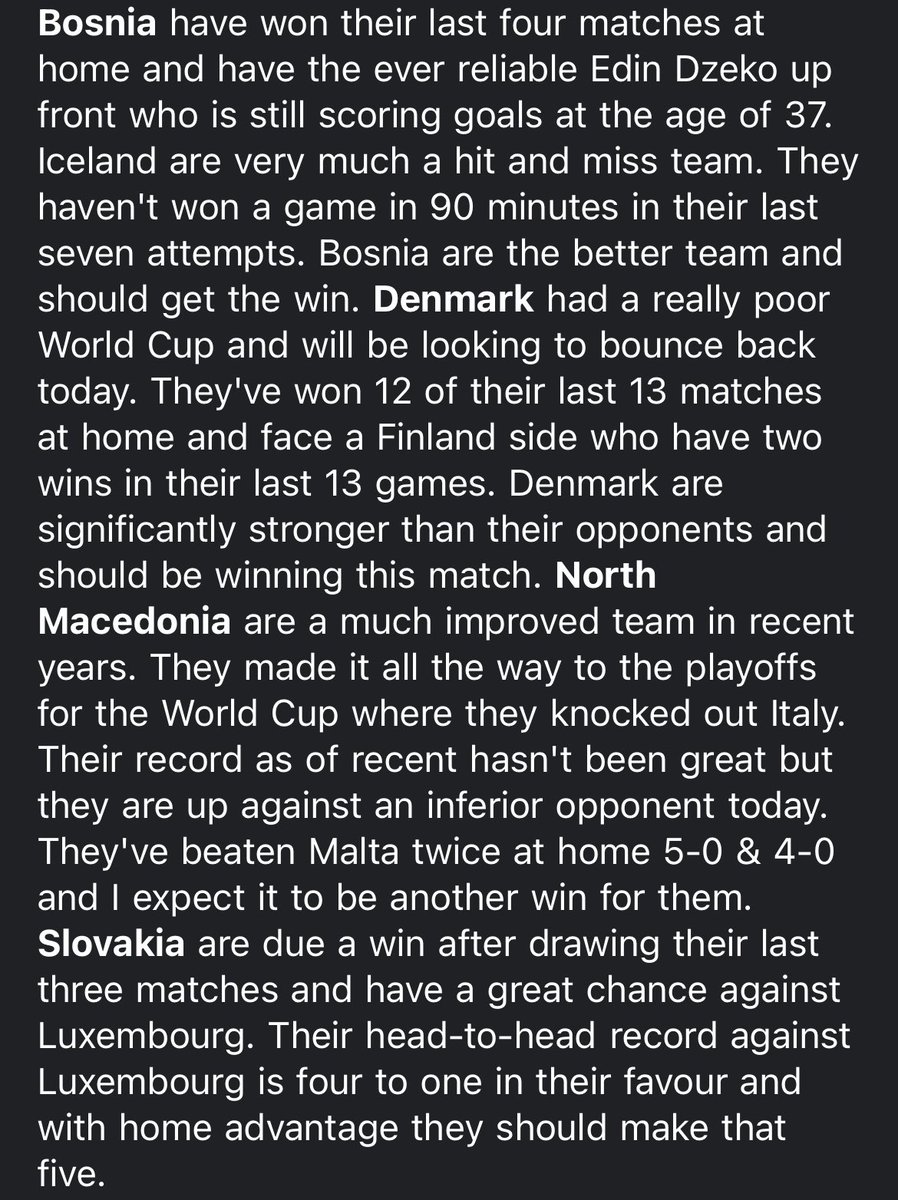 RomfordTipster's tweet photo. FREE FOOTBALL TIP β½οΈ
4 Fold
Bosnia π§π¦
Denmark π©π°
North Macedonia π²π°
Slovakia πΈπ°
Currently 3.68/1 + 10% acca bonus with bet365.
#tipster #bettingtips #freefootballtips #freetips #footballtips https://t.co/SxRPFhMzGd