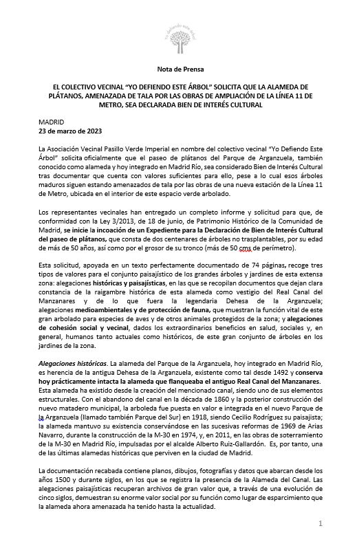 AVVerdeImperial's tweet photo. Acabamos de solicitar a @PatrimonioCM que la "alameda" de plátanos del parque de Arganzuela en #MadridRío sea declarada Bien de Interés Cultural con un informe documentado de 74 páginas.
#YoDefiendoEsteÁrbol🌳
#NoaLaTala🪓
#LaArboledaSeQueda🌳🌳🌳
@madridcyp 
La nota de prensa👇 https://t.co/0LuBEXBuoA
