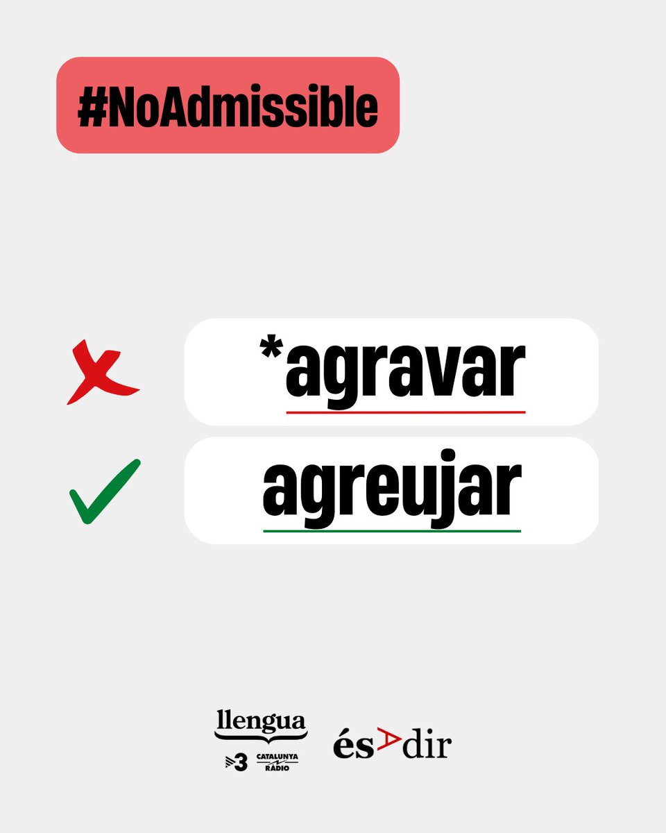 LlenguaTV3CR's tweet photo. 🫡 Quan hem de dir que alguna cosa empitjora, evitem el #NoAdmissible *agravar👇
🔗https://t.co/MiC7G70Ssh
#LlenguaTV3CatRàdio https://t.co/zjvy30XFTQ