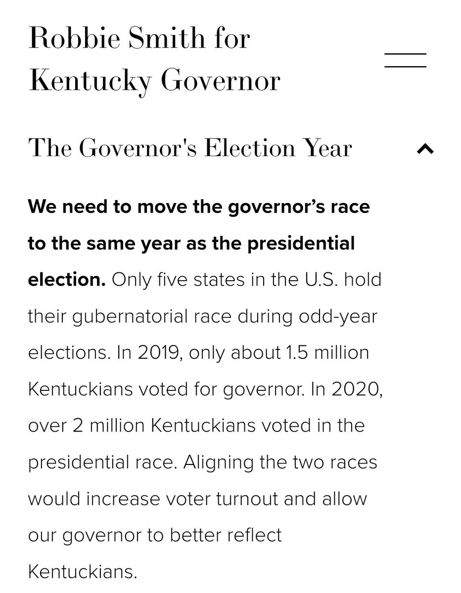 Kentucky needs to move the governor's election year to match the presidential election year.

rsmith4gov.com
facebook.com/rsmith4gov