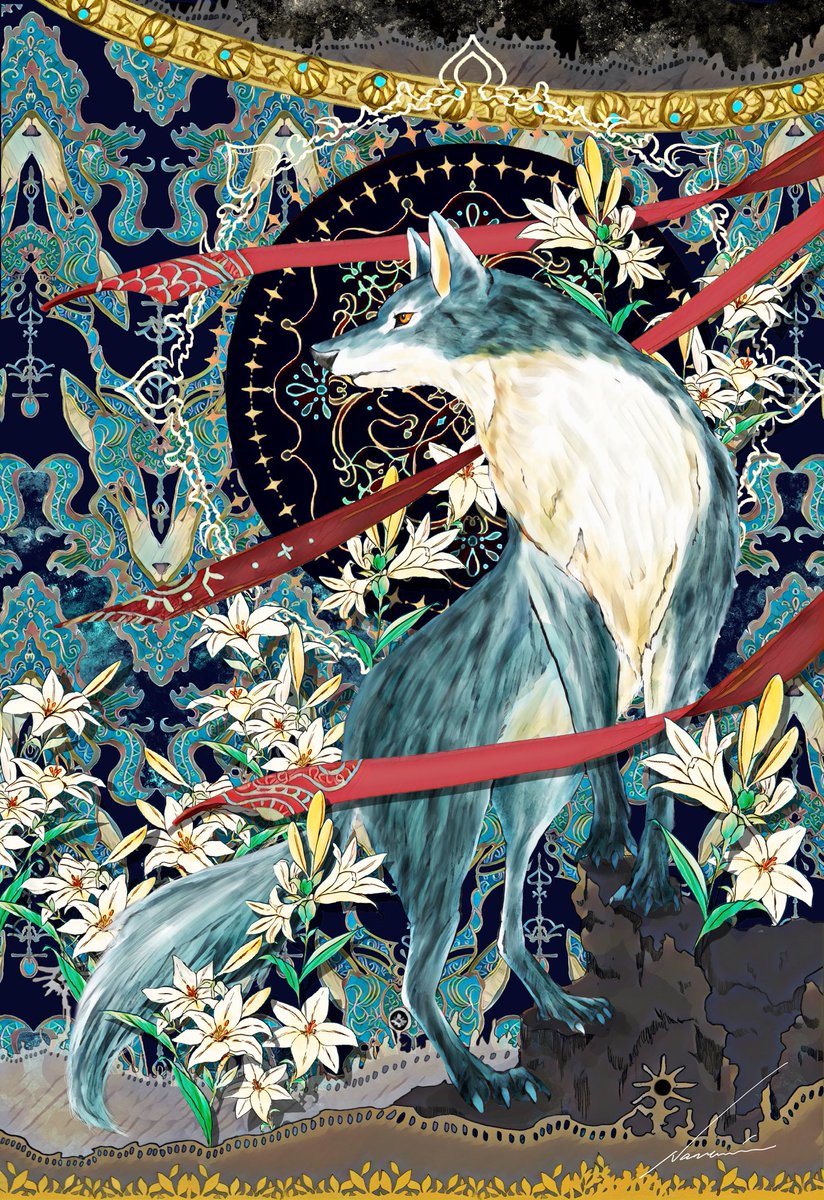 no humans flower traditional media wolf animal focus white flower lily (flower)  illustration images