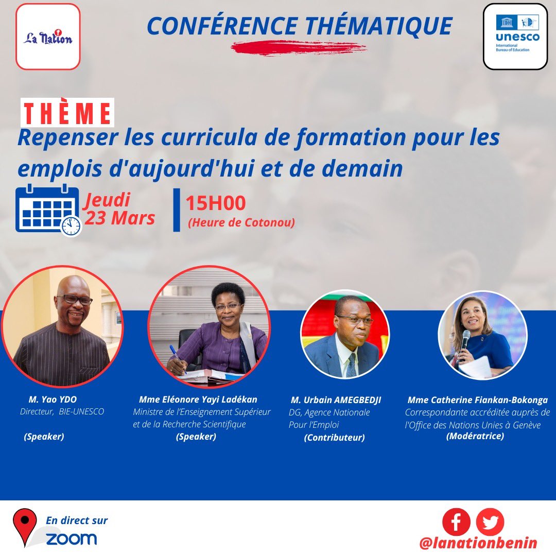 ℹ️ Nous vous invitons à participer à la  conférence suivante: «Repenser les curricula de formation pour les emplois d’aujourd’hui et de demain». 

Elle aura lieu aujourd’hui à 15h00. Pour nous rejoindre, cliquez sur ce lien⬇️ lnkd.in/dWHmgY27 
ID de réunion : 823 9565 7291