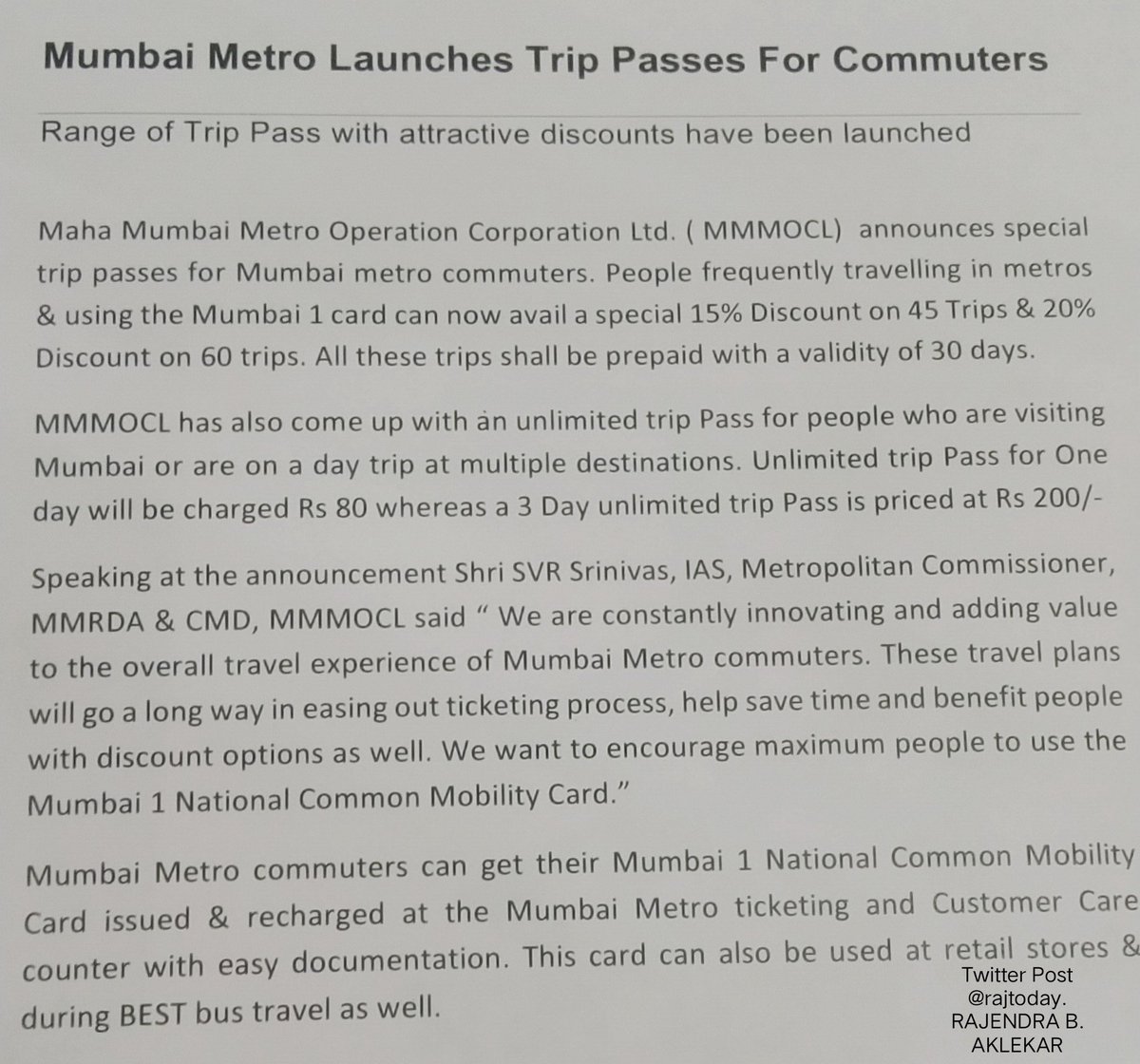rajtoday's tweet photo. #MumbaiMetro launches trip passes. 45 monthly trips, 60 monthly trips and one day, three-day tourist tickets. @MMMOCL_Official @MMRDAOfficial @mid_day https://t.co/tef8e8MQJJ