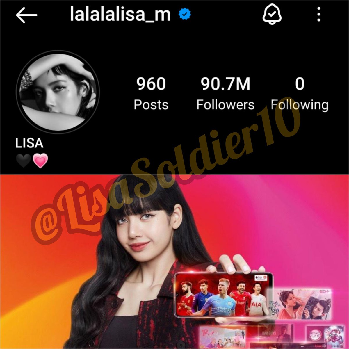 HOT_LALISA27's tweet photo. 📝✨[INFO] - #LISA  (@.lalalalisa_m) has now surpassed 90.7M followers on @instagram: as of 03/23/2023

🥇1st K-Pop Idol to reach this milestone
🥇No.1 among Thai celebs
🥉No.3 among Asian celebs
🏅39th over all

LALISA NINETY MILLION 
#LISA90MPARTY https://t.co/G2k5DnUERp