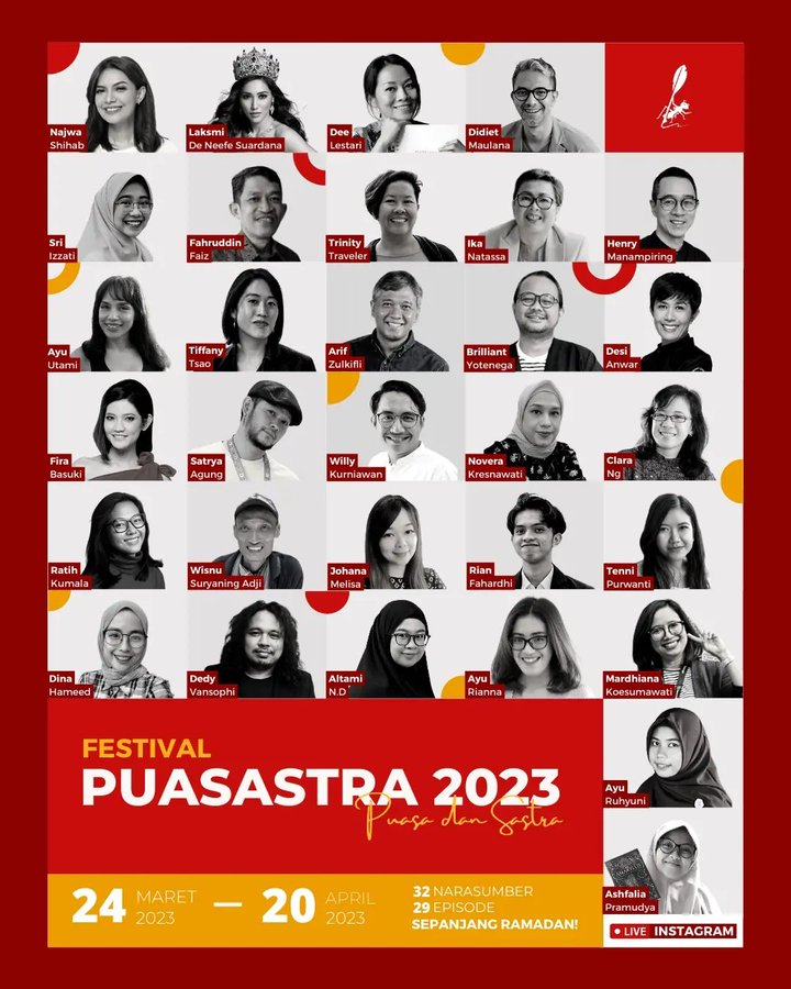 _MasWis's tweet photo. Bareng pembicara2 lain, saya diundang bicara di Festival Puasastra 2023 yg dibuat secara daring oleh komunitas Semut Merah Kaizen.

Tunggu jadwalnya, ya. Seru buat ngabuburit. Sila diliat ada siapa aja. Bisa nemu muka saya? 🙏😂

Materi saya ttg Cerita, &amp; Penceritaan. https://t.co/KKJaLU2gdP