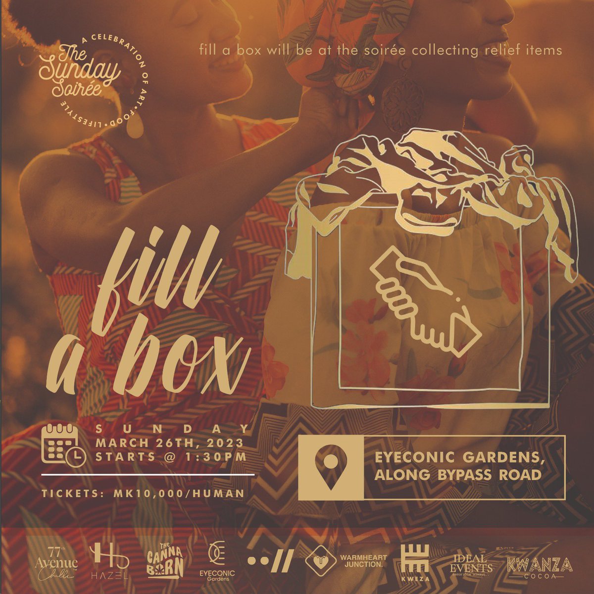 sundaysoireemw's tweet photo. We have collaborated with #FillABox by @Ken_Gunz & Co. They will be collecting relief items at the event, feel free to bring anything you want to give away. https://t.co/8Q71q4ZEbW