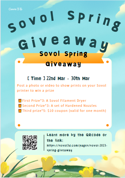 Sovol3d's tweet image. Sovol Spring Giveaway
Time: 22nd Mar - 30th Mar
Post a photo or video to show your prints on the Sovol printer to win a prize
Enter by the link: sovol3d.com/pages/sovol-20…

#sovol #sovolsv06plus #3dprinting #sovolsv06