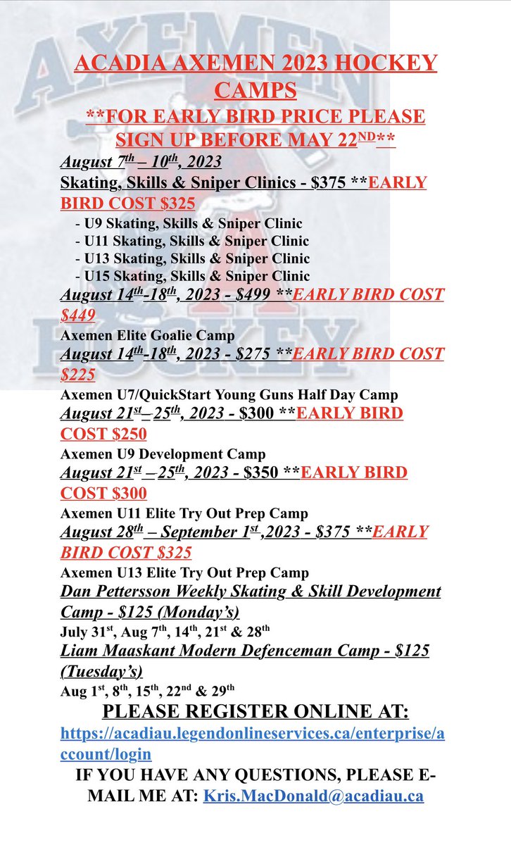 📢 🅰️ Our summer hockey camp schedule has been released! 

Space is limited for each session so register now to reserve your spot, and get early bird pricing before May 22nd.

Register online at: acadiau.legendonlineservices.ca/enterprise/acc…

#GrassRootsHockey #ValleyPride #CommunityFirst  🅰️📢