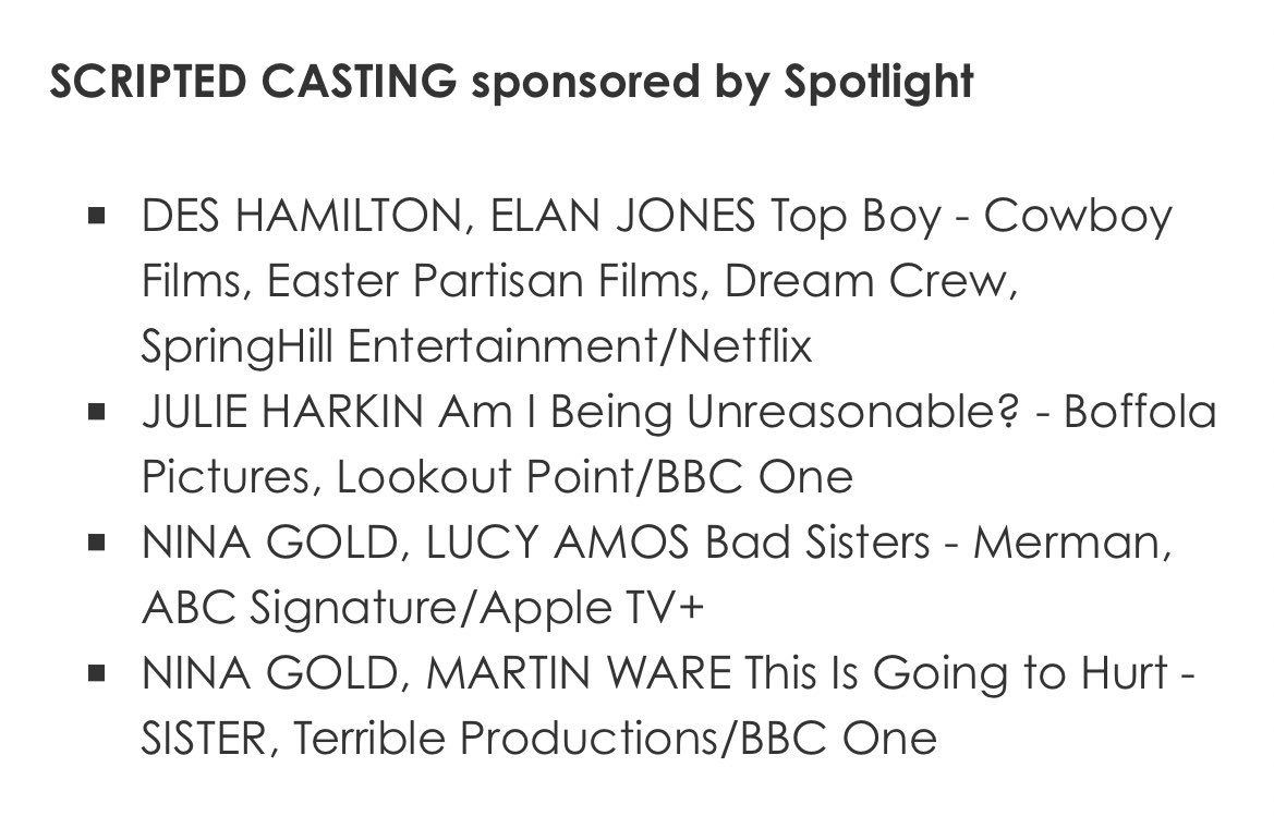 CDGNews's tweet photo. Congratulations to our members @DesHCasting @HarkinandToth @ltd_nina #LucyAmos #MartinWare for their @BAFTA nominations for Scripted Casting 💫 https://t.co/2hSLYnACMB