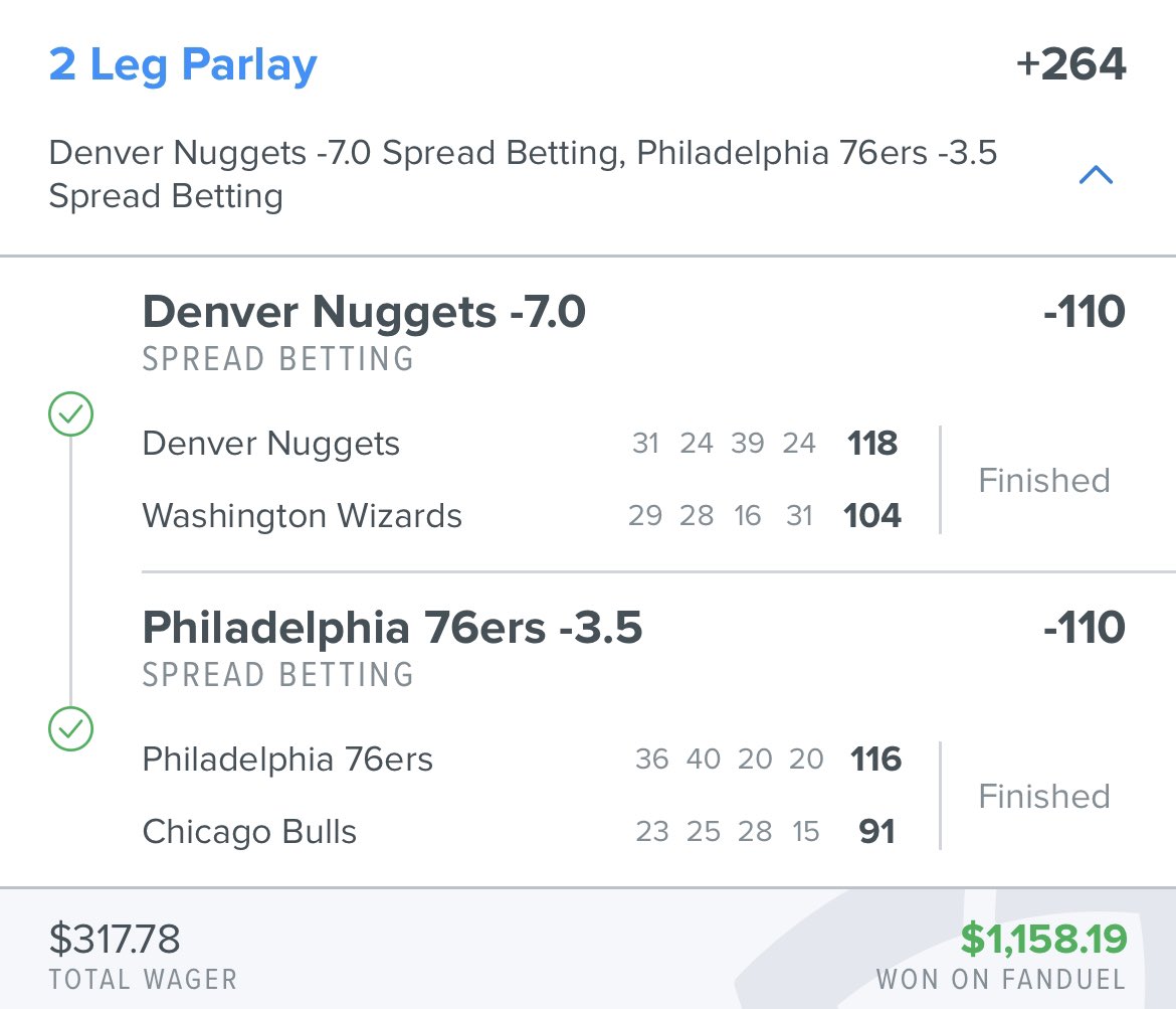 belichicksdigit's tweet photo. Denver Nuggets -7✅ 
Philadelphia 76ers  -3.5✅

$317.87 to win $1,158.19 💰

#sportsbettingpicks #nba #Philadelphia76ers #DenverNuggets #win #sportsbet #gambling https://t.co/EKvi8kc81a