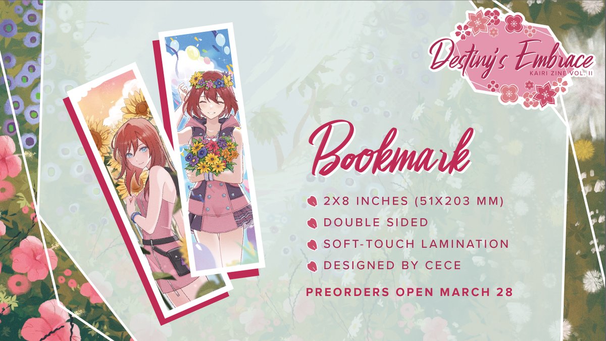 🌺MERCH REVEAL🌺
This breathtaking bookmark designed by <a href="/Potachuu/">CeCe</a> is beautifully balanced in its double sided design! It will be a part of the Kairi Zine's three merch-inclusive tiers.

See more merch reveals leading up to our March 28th preorders by following us on Twitter!