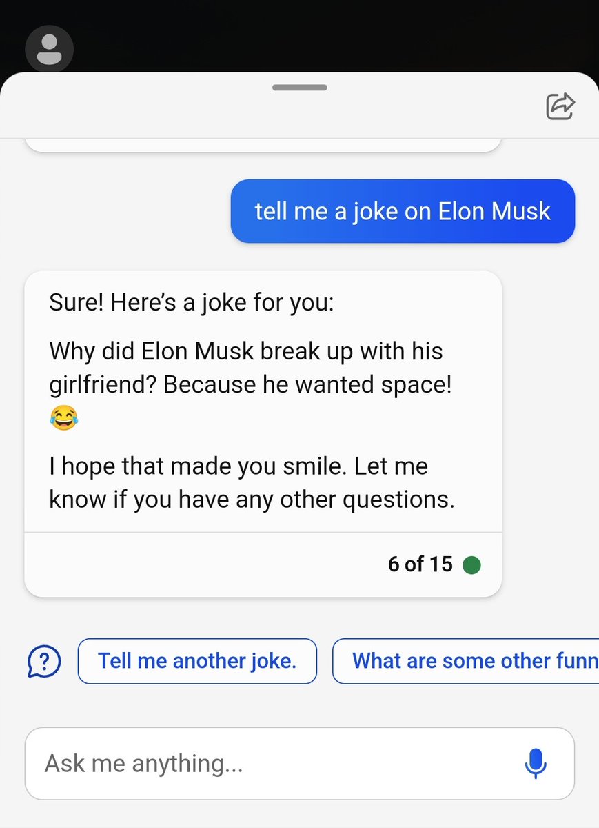 RoshanKrSoni's tweet image. Okay
Bing AI's Joke on @elonmusk 😂
#ChatGPT #OpenAI #ElonMusk