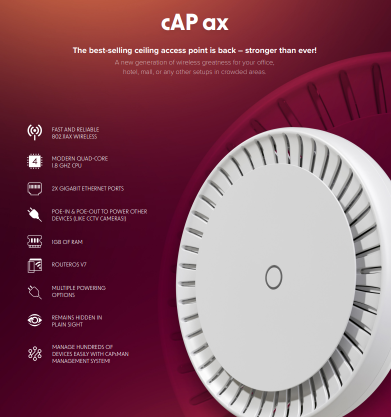MikrotikStoreEu's tweet photo. Man munkelte schon, dass er bald mal released wird, hier ist er: MikroTik cAP ax - cAPGi-5HaxD2HaxD
#Mikrotik #capax #ceiling #wifi6
Wenn wir ihn haben, wird er hier bei uns zu finden sein:
https://t.co/D9fT0RJksf
Lieferbar wohl vermutlich ab Mai/Juni https://t.co/a5MGDUXLUi