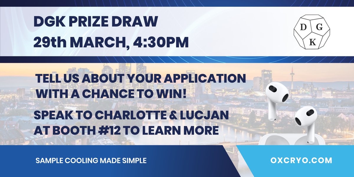 Attending the #DGK2023 in Frankfurt? Tell us about your cryo application with the chance to win a pair of Apple AirPods (3rd Gen)! 

Speak with <a href="/lucjanpajdzik/">Lucjan Pajdzik</a> or <a href="/DrCharlotteEG1/">DrCharlotteEG</a> at Booth #12!

#Xray #crystallography #diffraction #cryocooling #singlecrystal #XRD #research