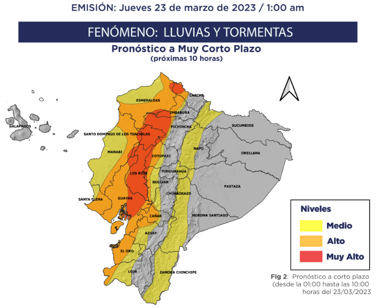 eluniversocom's tweet photo. Lluvias intensas con tormentas y ráfagas de viento en el Litoral y estribaciones de cordillera, se registran desde la madrugada de este jueves 23 de marzo de 2023 de acuerdo con el Inamhi. 🌧️⛈️.

En #Guayaquil ya se reportan varias zonas inundadas.

Imagen: reporte del Inamhi. https://t.co/IxQyUytBTY