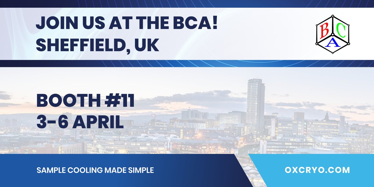 We'll be exhibiting at the #BCA23 next week, 3-6th April! Stop by and say hello to <a href="/DrCharlotteEG1/">DrCharlotteEG</a> and Robert Jones-Walters. See you there! 

#bcaspringmeeting #Xray #crystallography #diffraction #cryocooling #singlecrystal #XRD #research