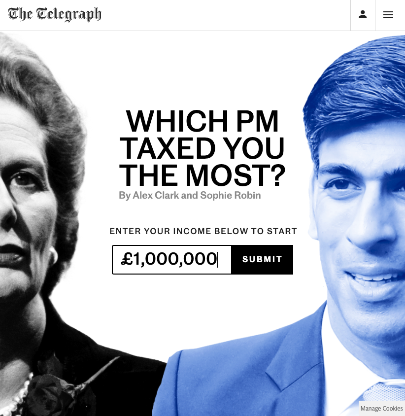 NEW: Much chat about Sunak's stealth taxes — but is he really the worst PM for your take home? 💸

For <a href="/Telegraph/">The Telegraph</a> we've calculated your tax rate under *every* PM since 1978, from Thatcher to Blair to Cameron 🤯

Let's walk through someone on £1,000,000 🧵

telegraph.co.uk/money/income-t…