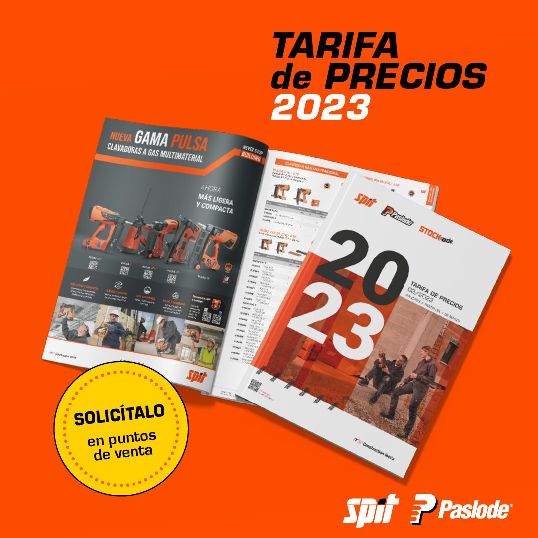 👏Nueva TARIFA 2023
Novedades: NUEVA gama PULSA 65, Nuevas herramientas de la plataforma 18V, Cartucho MULTI-MAX XTREM Y PLUS de 300ML, Nuevas abrazaderas, anclaje TRINEO, etc…

#NeverStopBuilding #Spit #Paslode #novedades2023