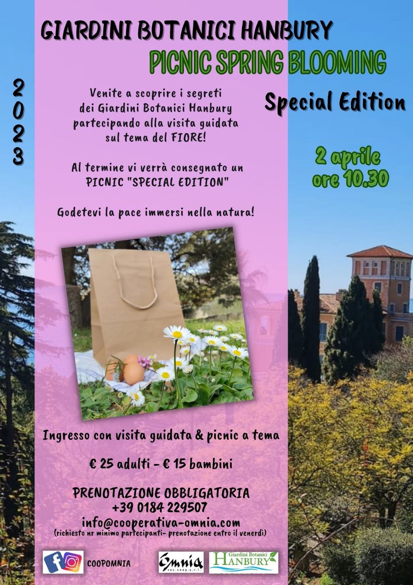 Tornano i pic nic ai #GiardiniHanbury! 
Si apre con una special edition domenica 2 aprile.
Prenotazione obbligatoria entro venerdì 31 marzo allo 0184229507
#Lamialiguria