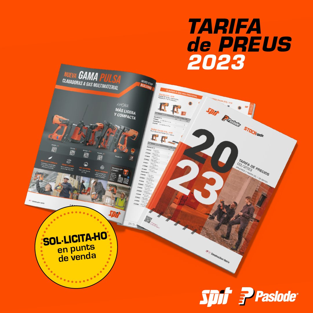 👏Nova TARIFA 2023
Novetats: NOVA gamma PULSA 65, Noves eines de la plataforma 18V, Cartutx MULTI-MAX XTREM i PLUS de 300ML, Noves abraçadores, ancoratge TRINEO, etc…

#NeverStopBuilding #Spit #Paslode #novedades2023