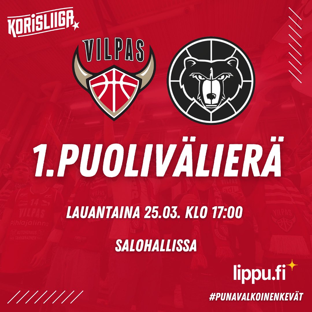 Punavalkoinen kevät on täällä! 🔴⚪️

Puolivälierien GAME 1 lauantaina 25.3. Salohallissa 👏🏻 Varmista paikkasi kevään parhaissa peleissä ja hanki liput ennakkoon lippu.fistä 🎫

Otteluisäntänä <a href="/Salonkaupunki/">Salon kaupunki</a> 🤝

#korisliiga #punavalkoinenkevät #vilpas