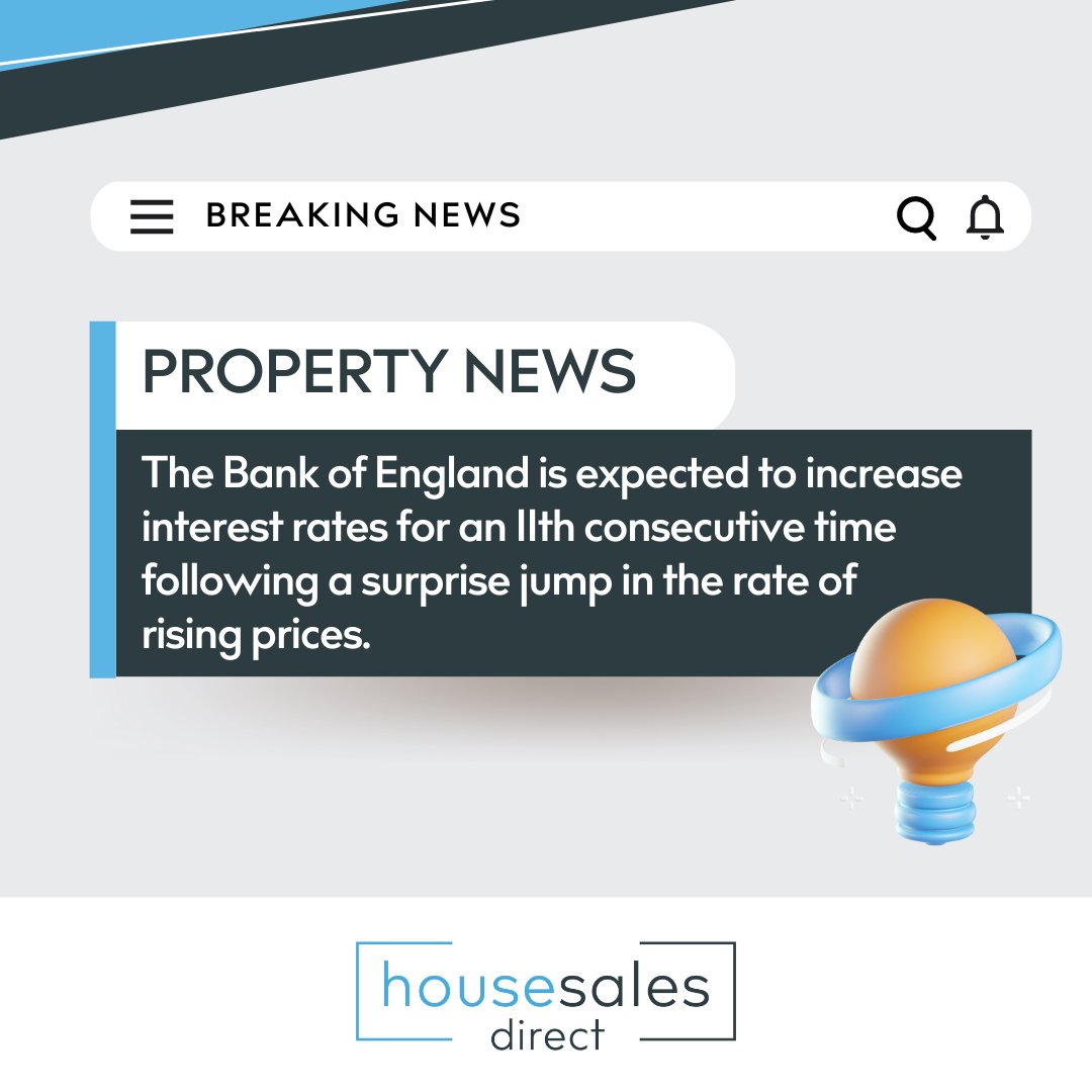 HSalesDirect's tweet photo. 💡The Bank of England is set to increase the interest rates for the 11th consecutive time in order to continue fighting the ever rising inflation in the UK.

Analysts expect an increase of 0.25% and 0.5% in the summertime.

#propertynews #ukhousing #interestrates https://t.co/2BlVQaQv8P