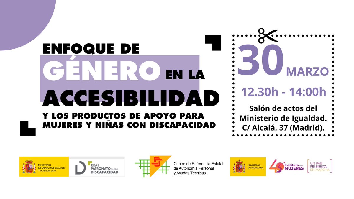 🟪 El próximo jueves presentamos la publicación 'Enfoque de #género de la #accesibilidad y los productos de apoyo para mujeres y niñas con #discapacidad'.

🗓️ 30 de marzo a las 12:30
📍 C/ Alcalá 37 (Madrid)

¿Quieres asistir? Manda tu DNI a sgrealpatronato@mdsocialesa2030.gob.es