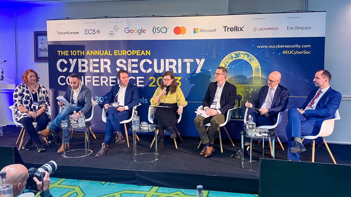 ForumEurope's tweet photo. Discussing  ‘Achieving the trifecta of successful cybersecurity governance’ with Friederike Berfelde, Ann Mennens, Jurriën Norder, Florian Pennings, Yiannis Pavlosoglou, José Carlos Delgado Gómez, &amp; Domenico Ferrara  #EUCyberSec https://t.co/fKQJMplD19