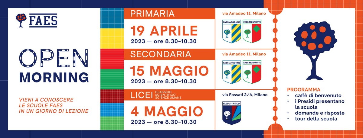 Scuole FAES 
Vieni a conoscere le Scuole FAES in un giorno di lezione 
1️⃣9️⃣ aprile Scuola Primaria 🇬🇧
1️⃣5️⃣ maggio Scuola Secondaria  🇬🇧
     4️⃣ maggio Liceo Classico, Scientifico e Scienze Umane 
⏰ ore 8,30 - 10,30 
#openday #liceo #scuola #milano #scuolabilingue #liceoclassico