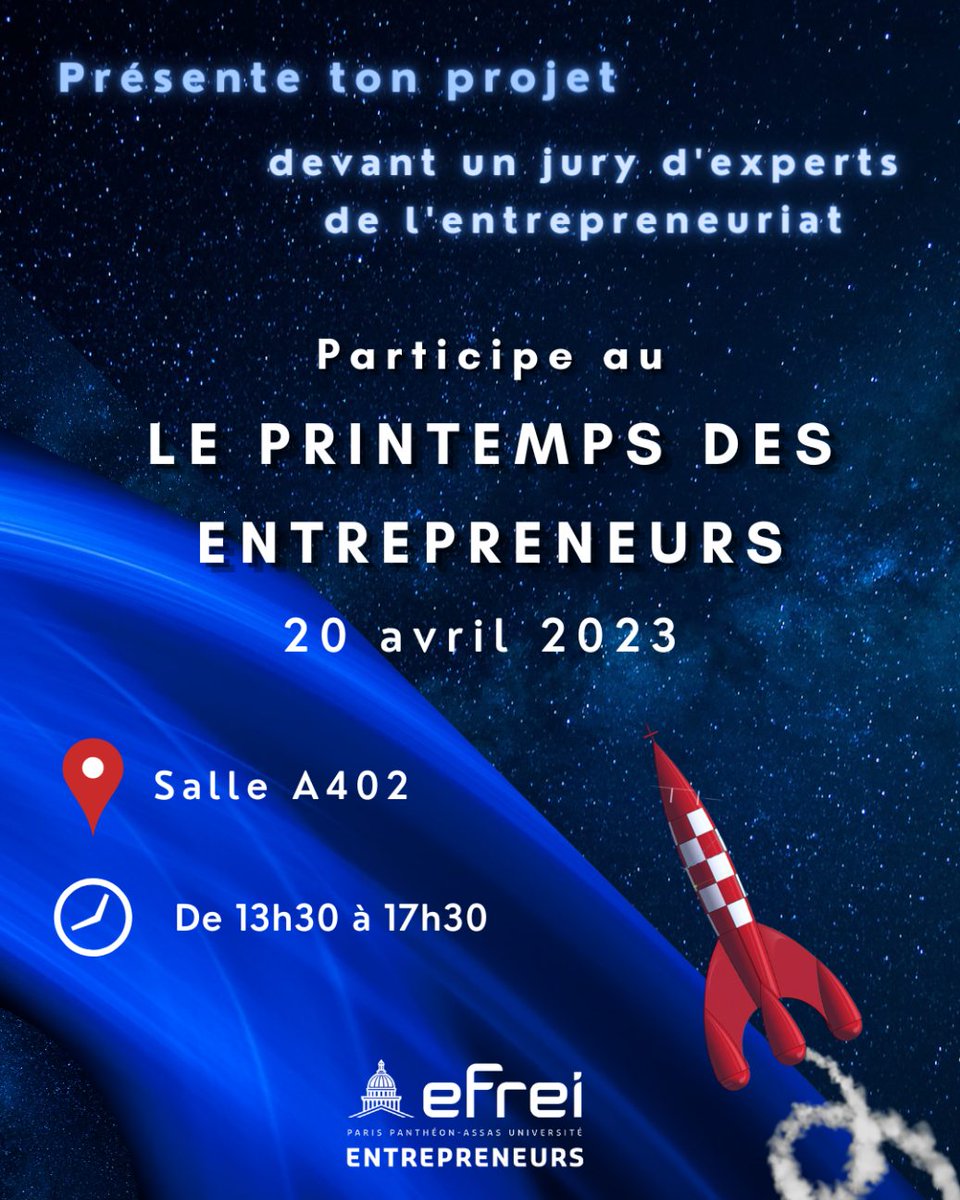 [ Evénement ]  
📢
Étudiants ou Diplômés d'@efrei_paris , présentez votre projet de création d'entreprise lors du #PrintempsdesEntrepreneurs édition 2023 ! 
Inscrivez-vous ici :
👉 swll.to/XGn31

🚨 Les inscriptions seront ouvertes jusqu’au 10 avril !