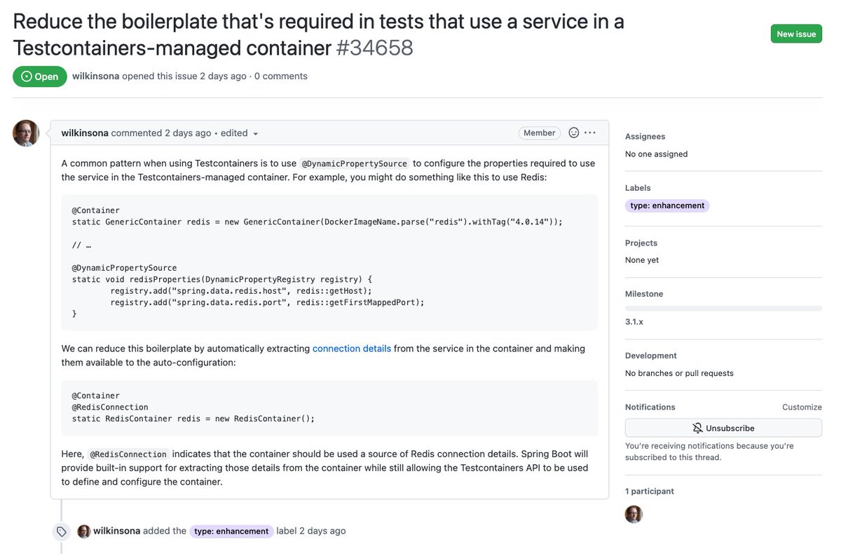 Spring Boot 3.1 will come with better integration with <a href="/testcontainers/">Testcontainers</a> 

github.com/spring-project…