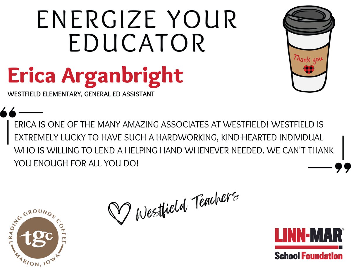 ENERGIZE YOUR EDUCATOR ☕ Congratulations, and thank you❤️🖤

Erica Arganbright - Westfield Elementary - General Ed Assistant

Sponsored by Trading Grounds