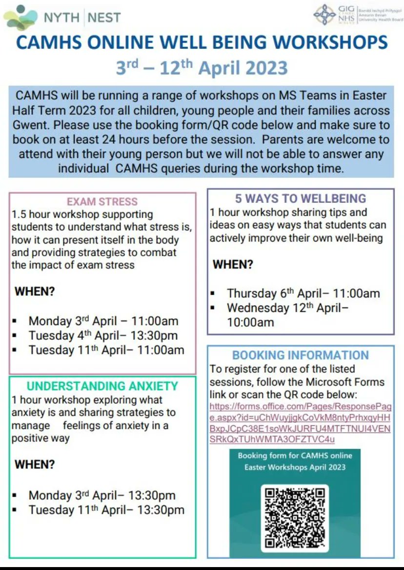 CAMHS stands for Child and Adolescent Mental Health Services.

During the Easter half term CAMHS will be hosting exam stress and anxiety workshops for all children, young people and their families across Gwent. 

Book via the QR code below:

CAMHS <a href="/AneurinBevanUHB/">Aneurin Bevan University Health Board</a>