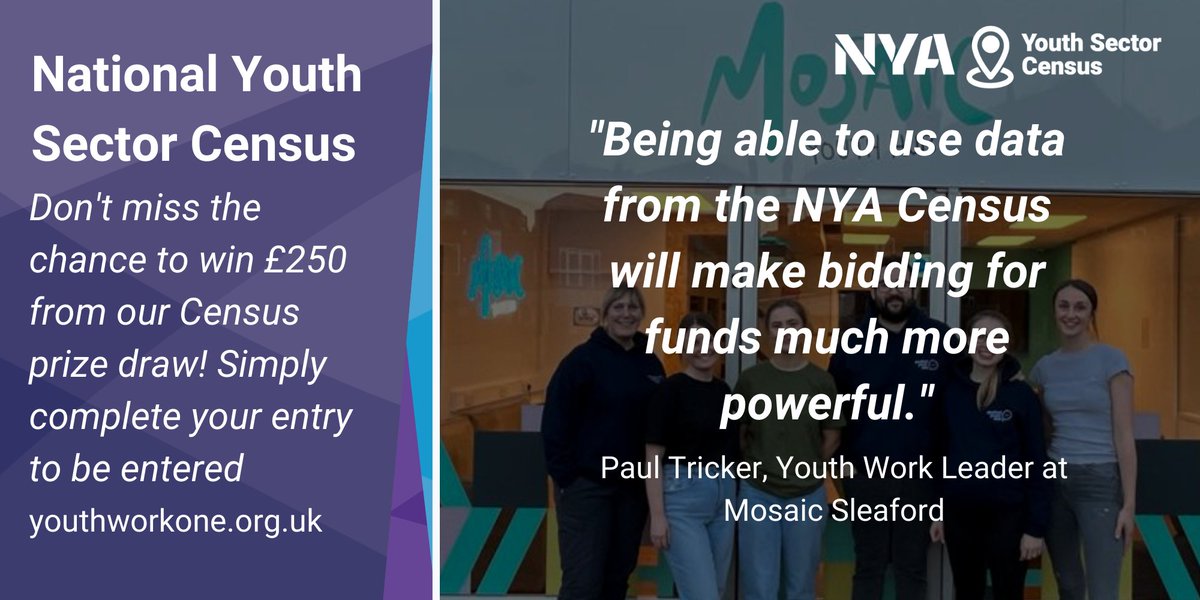Make sure you're counted in our end of March report to policy makers!

Complete your organisation’s Census entry by the 31st March to make sure you're visible to funders, find out more and complete your submission here

nya.org.uk/national-youth…